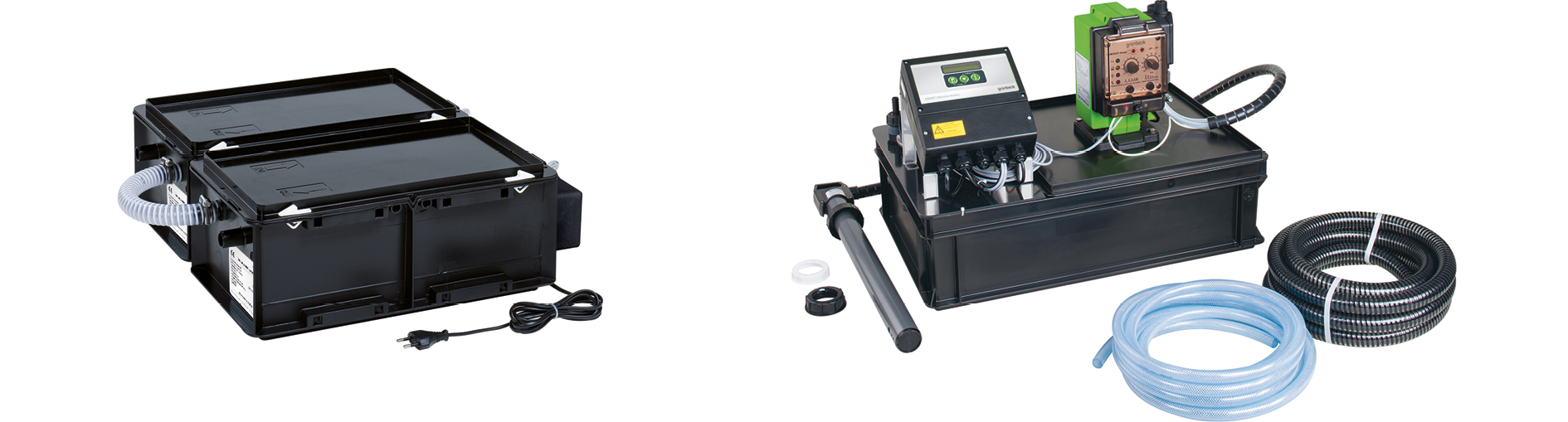 Flue gas condensate neutralisers (left: granule-based system, right: liquid-based system)