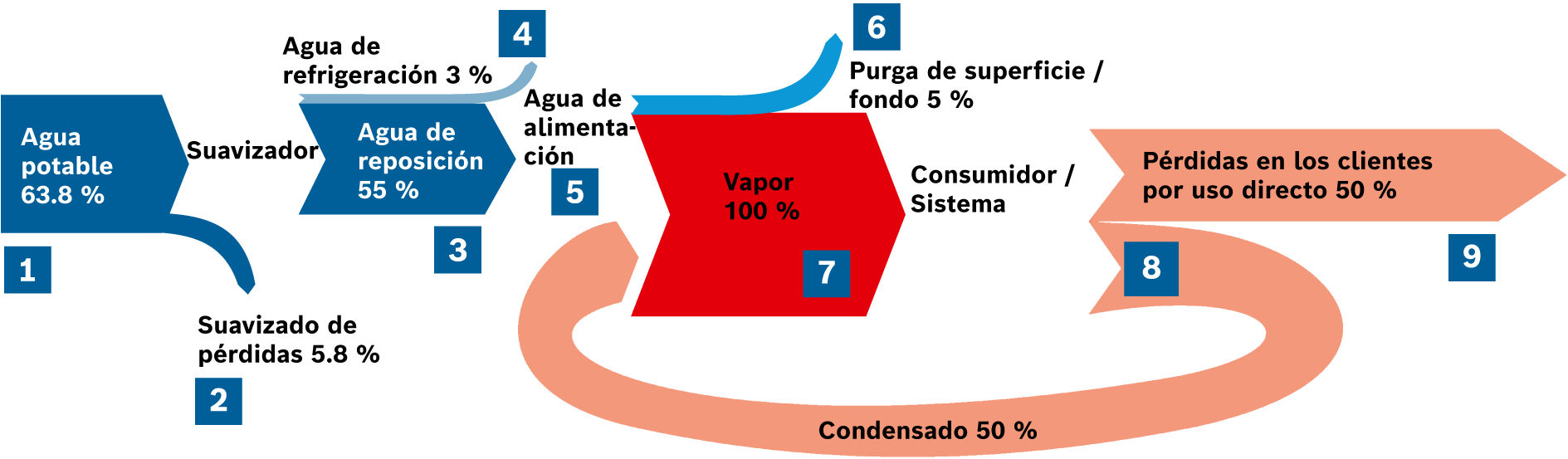 Balance de masas en el sistema de vapor (los valores mostrados son ejemplos)